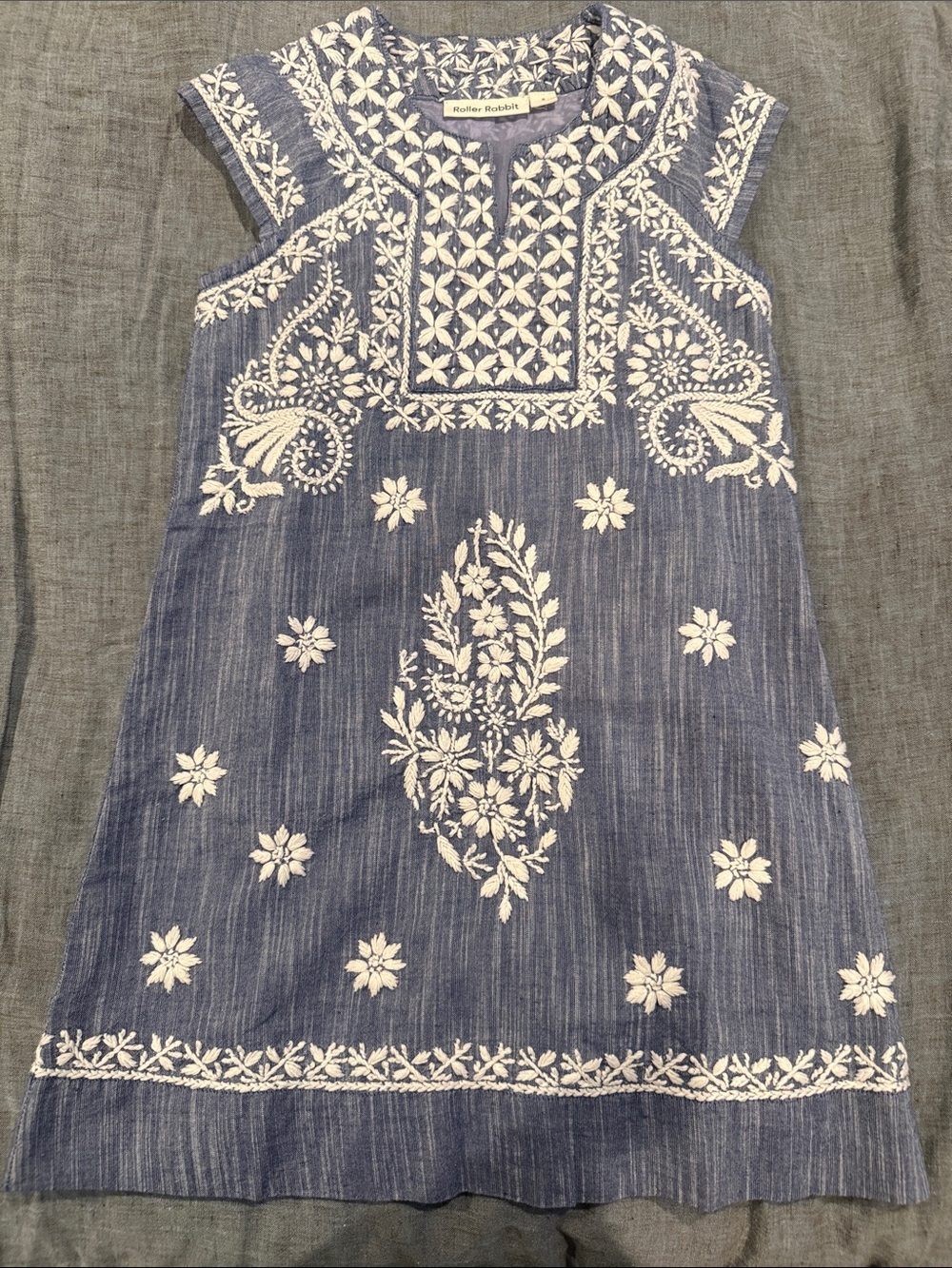 Roller Rabbit Blue Shift Dress with White Embroidery 6